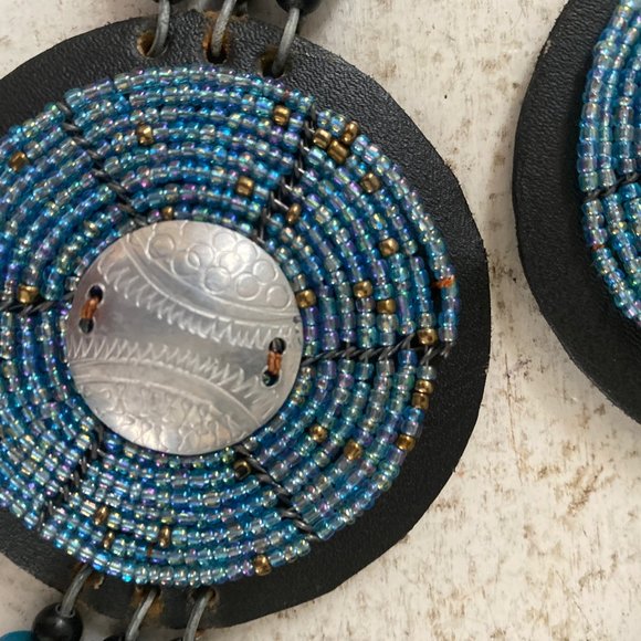 Aztec Concho Blue Beaded Black Leather Adjustable main image 5